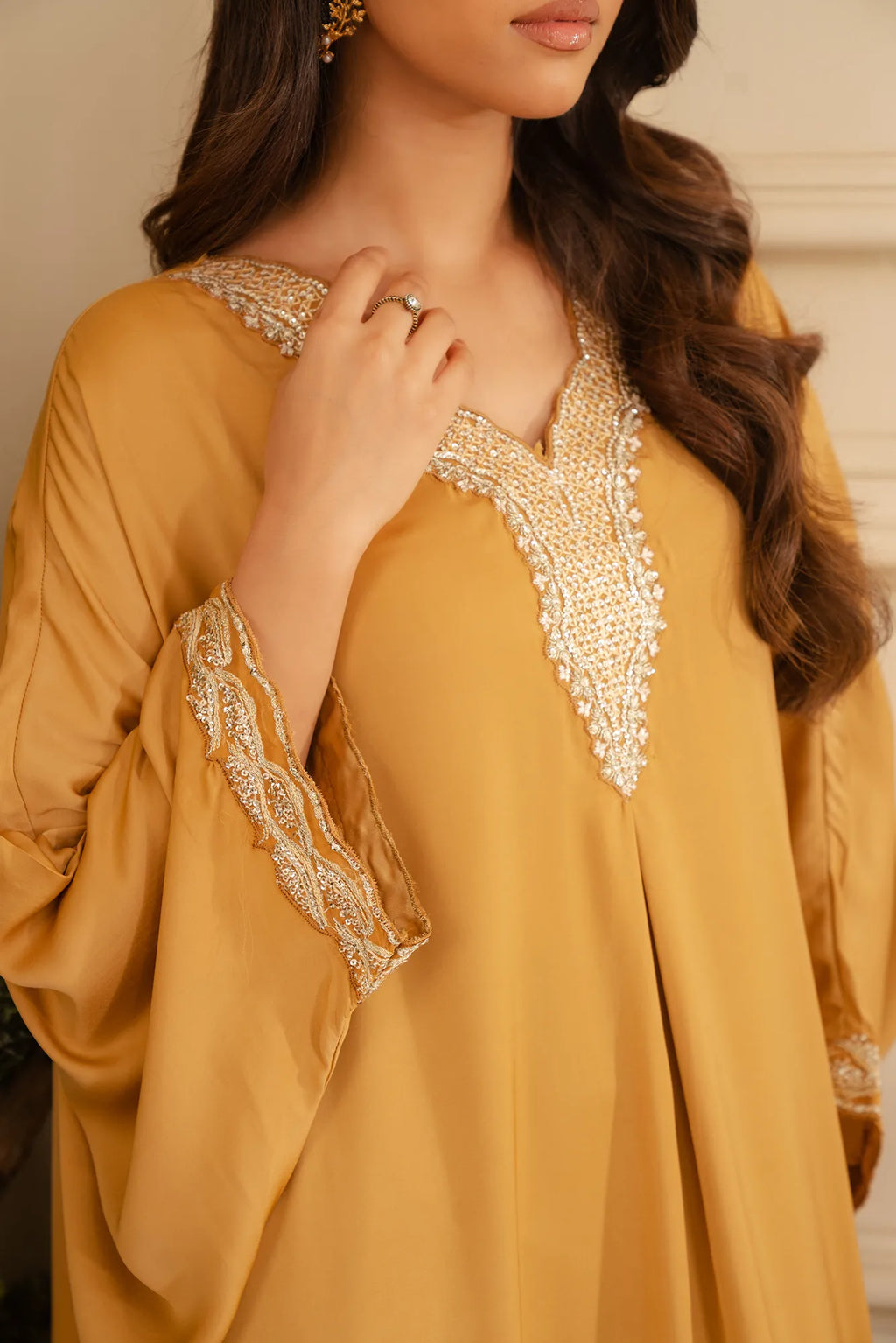 1 Piece Embroidered Raw Silk Kaftan