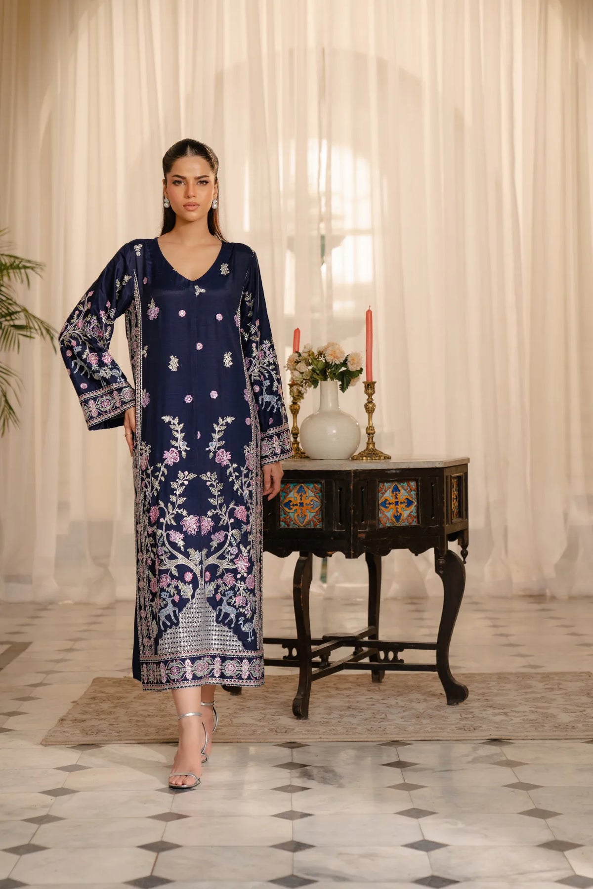 1 Piece Embroidered Raw Silk Kaftan