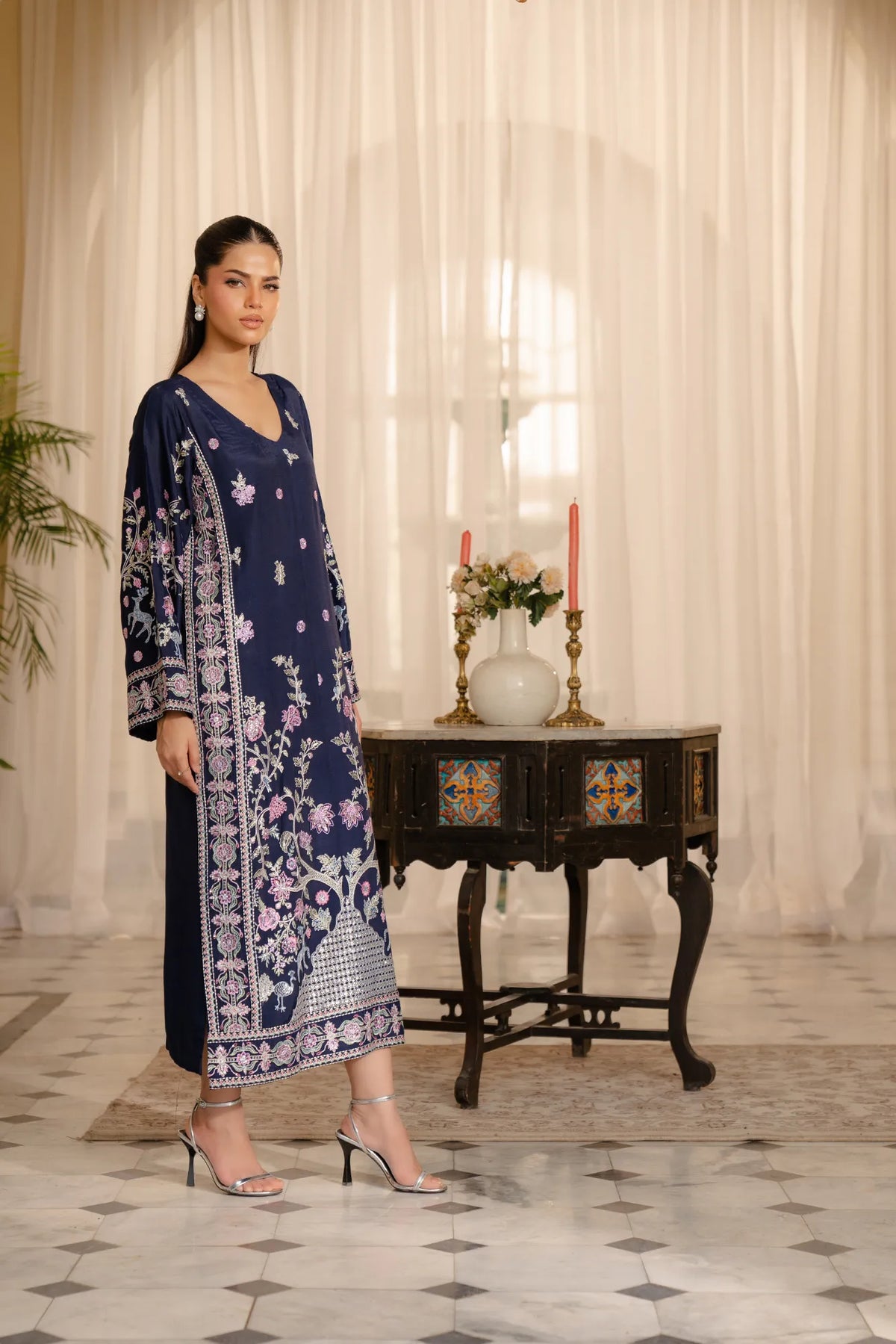 1 Piece Embroidered Raw Silk Kaftan