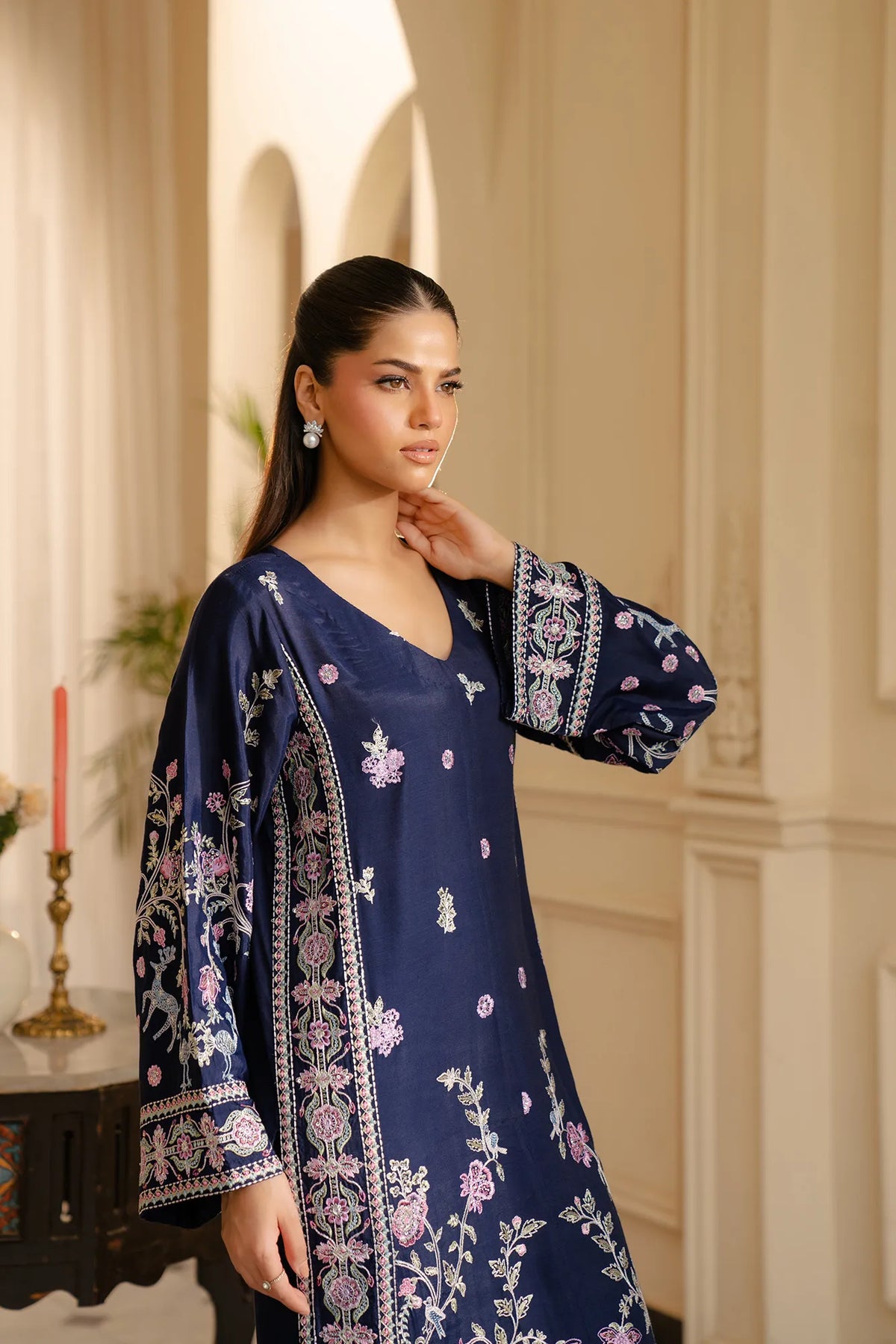 1 Piece Embroidered Raw Silk Kaftan