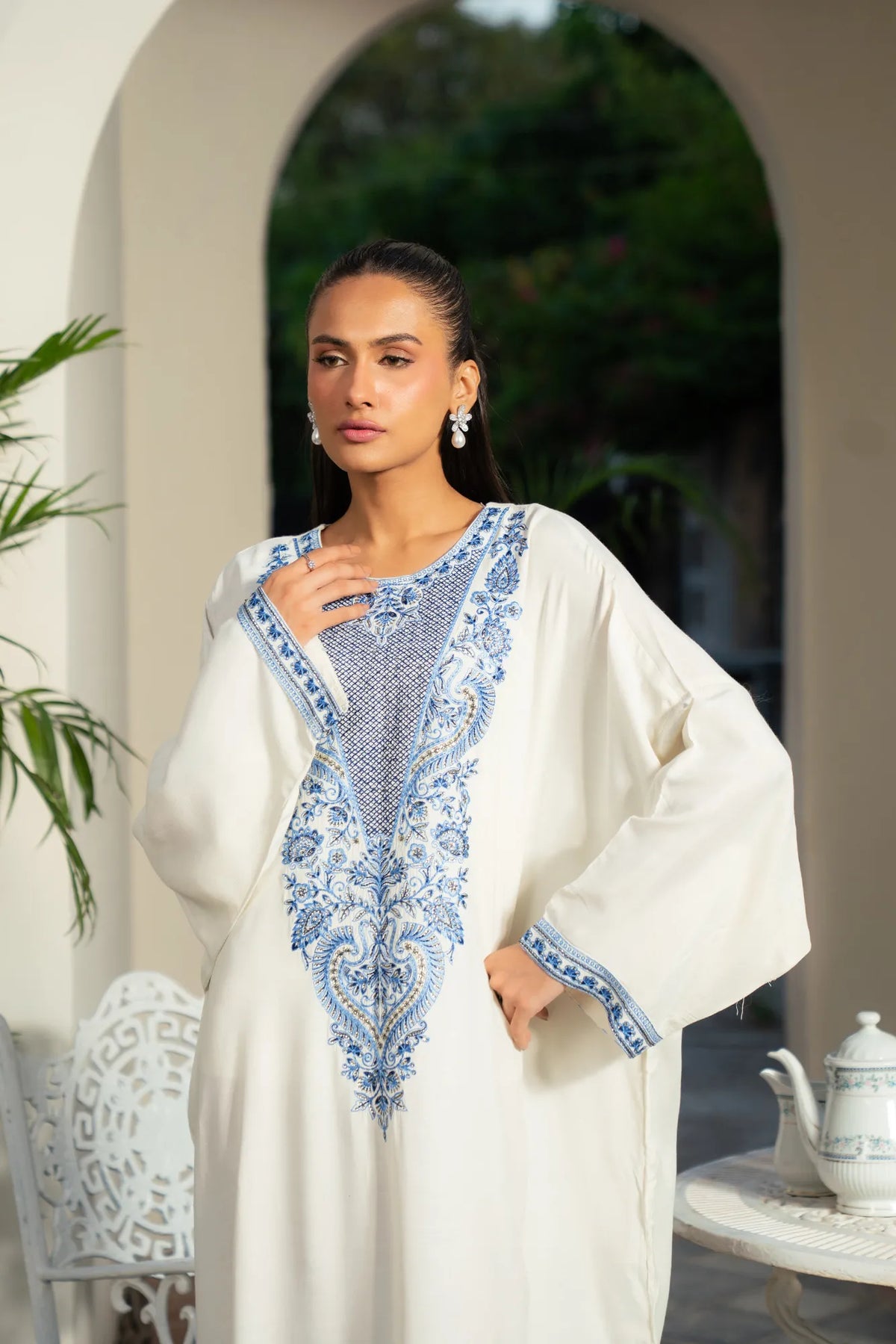 1 Piece Embroidered Raw Silk Kaftan