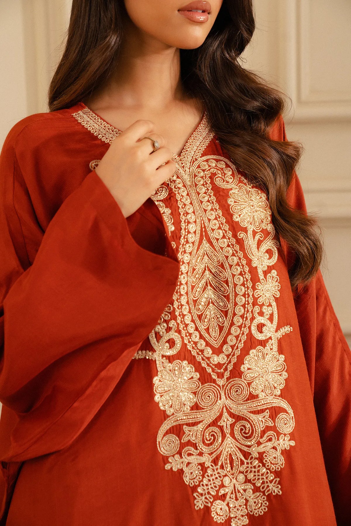 1 Piece Embroidered Raw Silk Kaftan