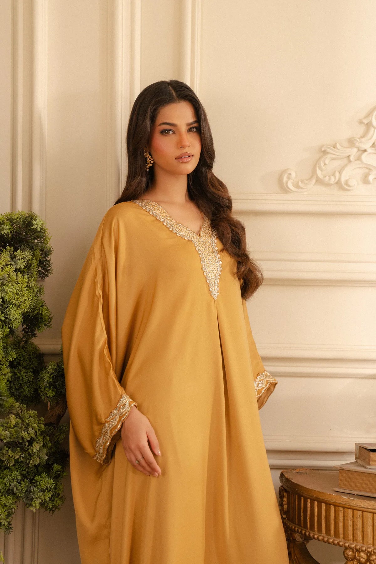 1 Piece Embroidered Raw Silk Kaftan