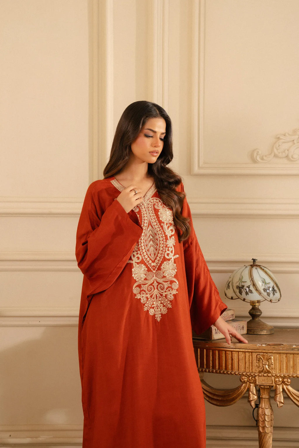 1 Piece Embroidered Raw Silk Kaftan