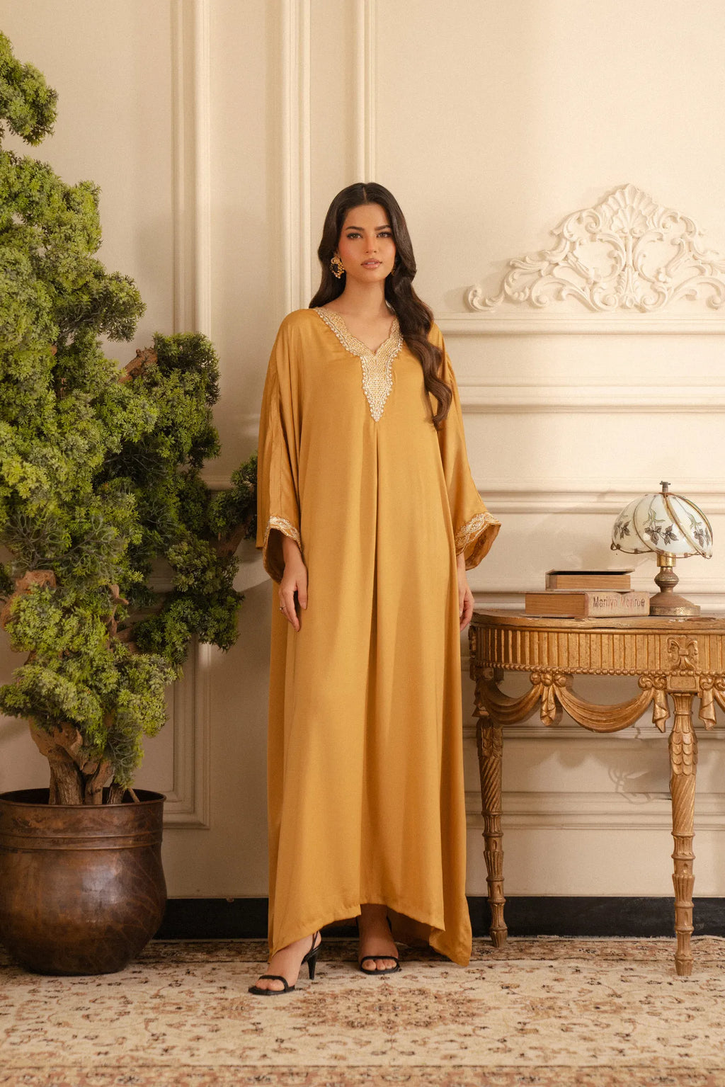 1 Piece Embroidered Raw Silk Kaftan