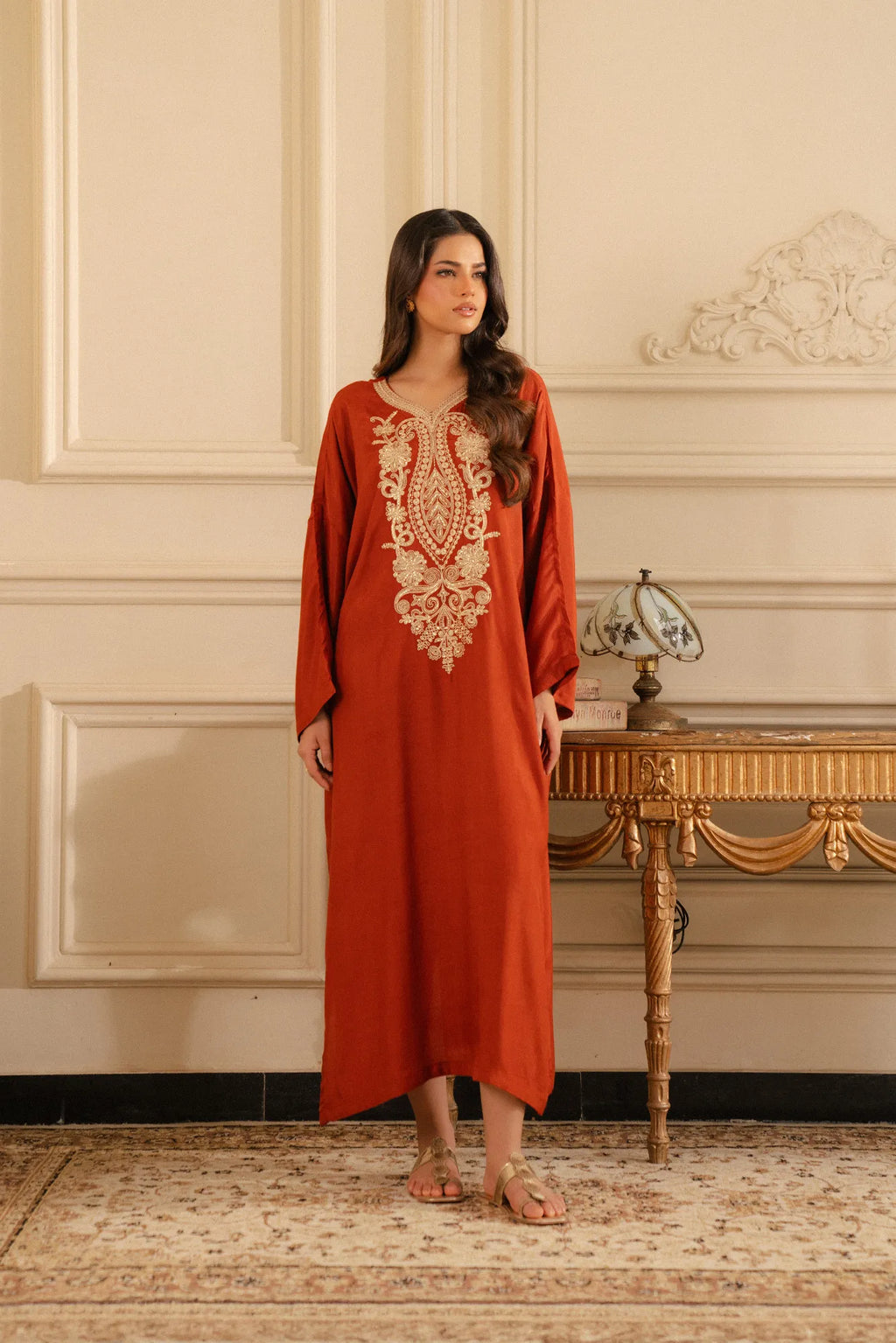 1 Piece Embroidered Raw Silk Kaftan